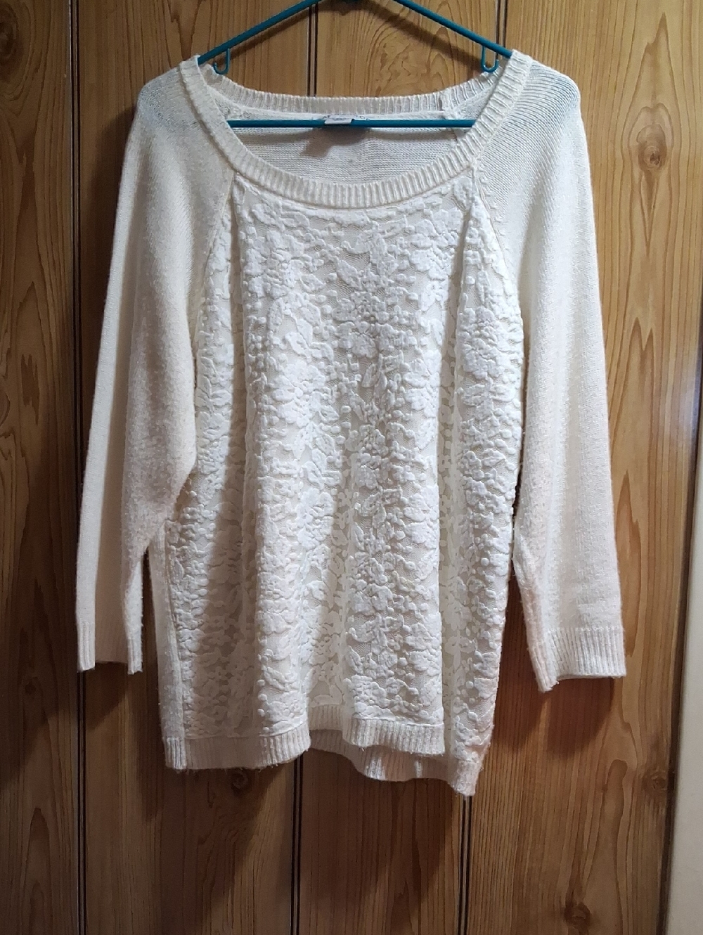 Sag Harbor Cream Lace-Panel Crewneck Sweater